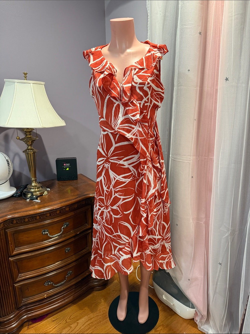 London Times Rust and White Floral Wrap Midi Dress